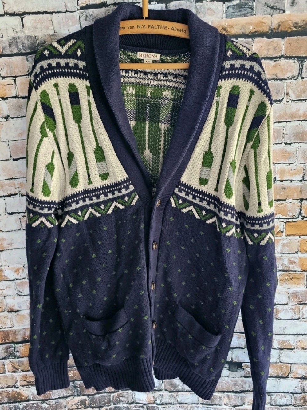 Merona Navy, Cream & Green Shawl Collar Cardigan